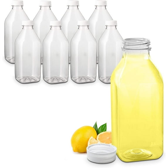 MT Products 32 oz Clear Plastic Juice Bottles with Caps, Disposable Drink Containers - Pack of 8