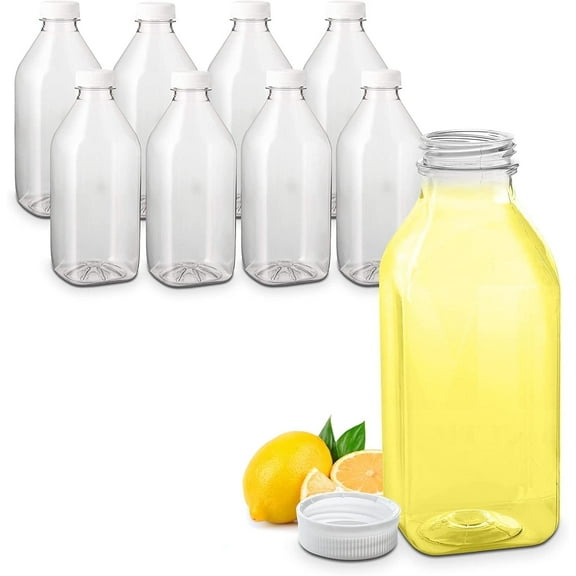 MT Products 32 oz Clear Plastic Juice Bottles with Caps, Disposable Drink Containers - Pack of 8