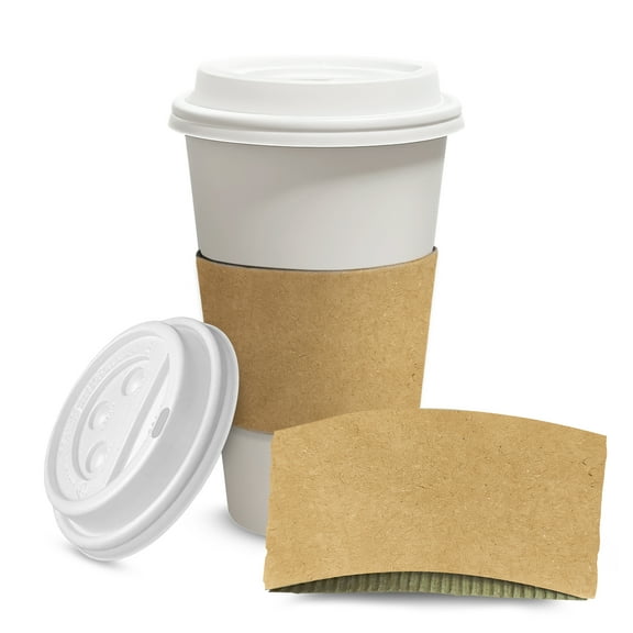 MT Products Disposable Paper Coffee Cups with Lid & Sleeve 16 oz - Pack of 30