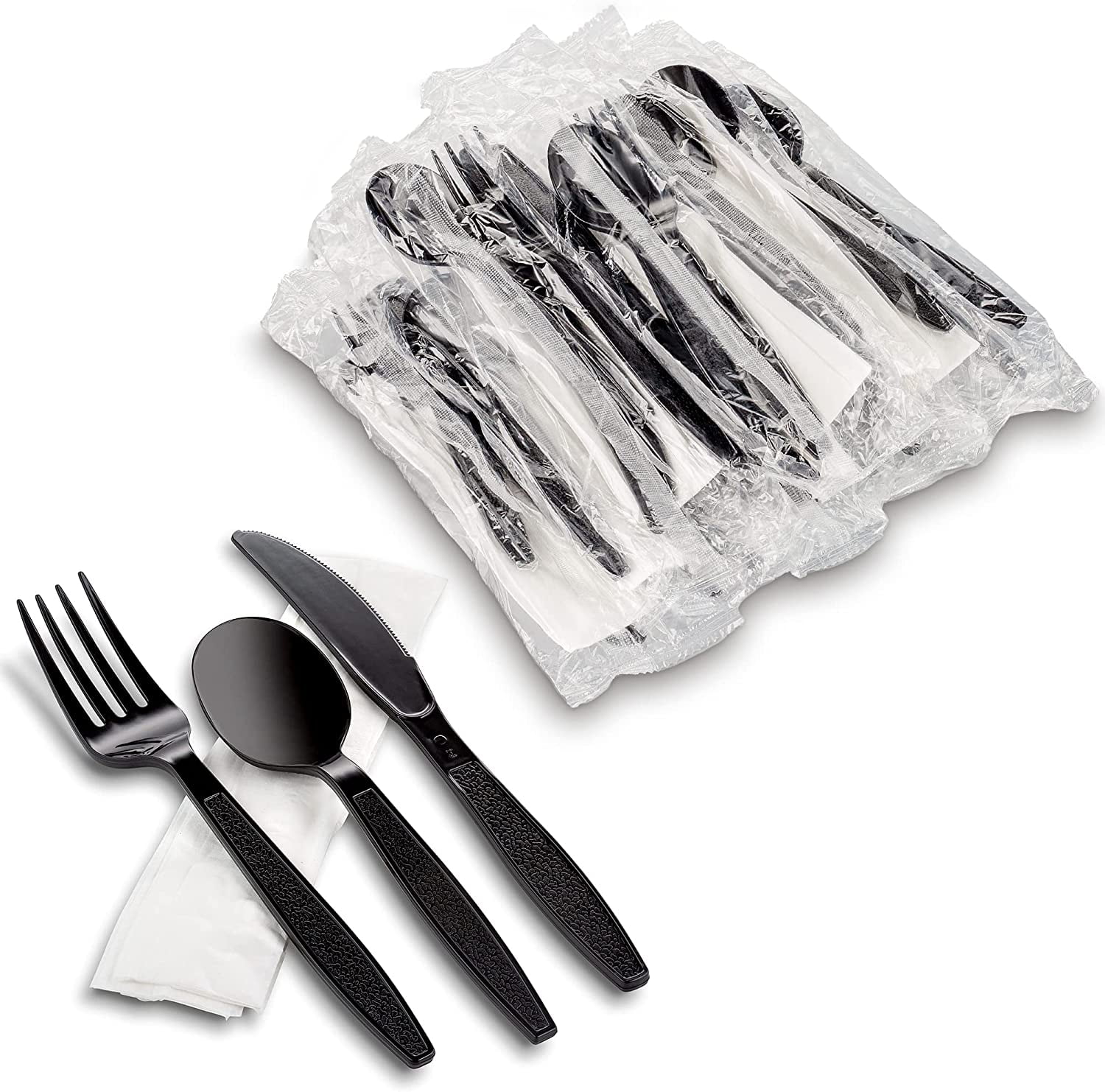 MT Products Individually Wrapped Black Plastic Cutlery Set with Napkin