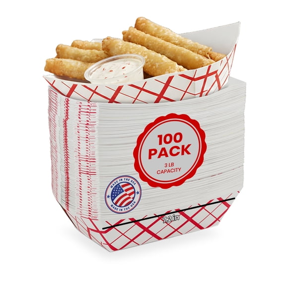 MT Products Paper Food Tray - 3 lb Red and White Nacho Trays - Pack of 100
