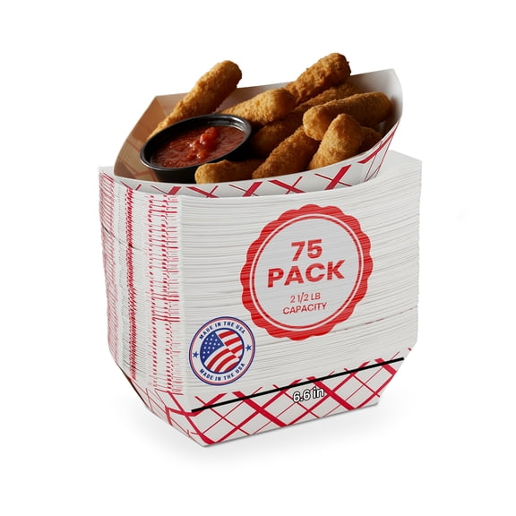 MT Products Paper Food Trays - 2.5 lb Red and White Nacho Trays - Pack of 75