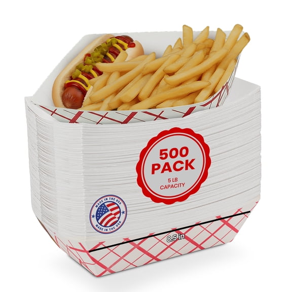 MT Products Paper Food Trays - 5 lb Red and White Nacho Trays - Pack of 500