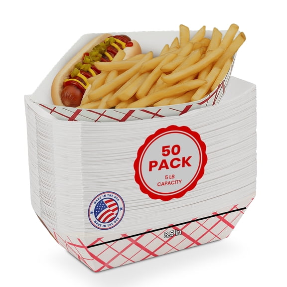 MT Products Paper Food Trays - 5 lb Red and White Nacho Trays - Pack of 50