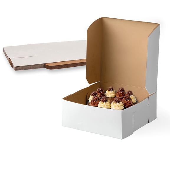 MT Products White Bakery Boxes 10" x 10" x 4" - Extra Deep Folding Paperboard Cake Box for 8-Inch Cakes - 15 Pack