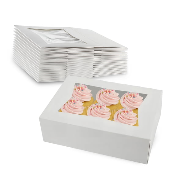 MT Products White Cupcake Box, 8" x 5.8" x 2.5" Auto-Popup Bakery Box - Pack of 25