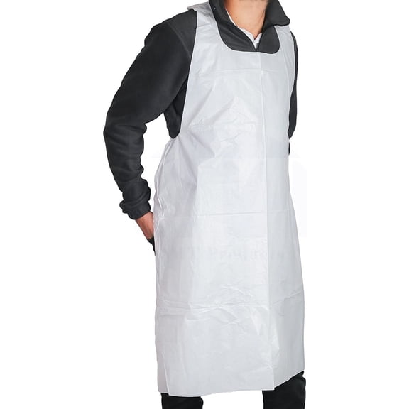 MT Products White Disposable Plastic Apron 46" x 26" Heavy Weight - Pack of 25