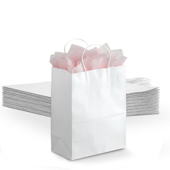 MT Products White Gift Bags 8" x 4" x 10" - Paper Bags with Handles - Pack of 30