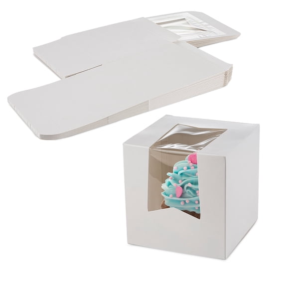 MT Products White Single Cupcake Boxes with Window 4.5" x 4.5" - Pack of 15
