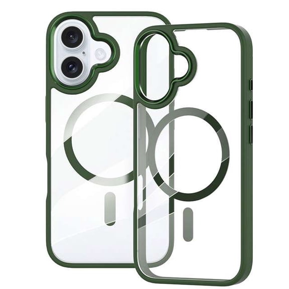 MT Series Clear Magnetic Case for iPhone 16 with Additional Tempered Glass Screen Protector - Dark Green