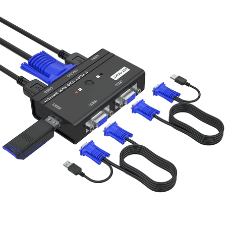 MT-VIKI New VGA KVM Switch 2 Port for 2 Computers Share 2 USB Devices with 2 KVM Cables