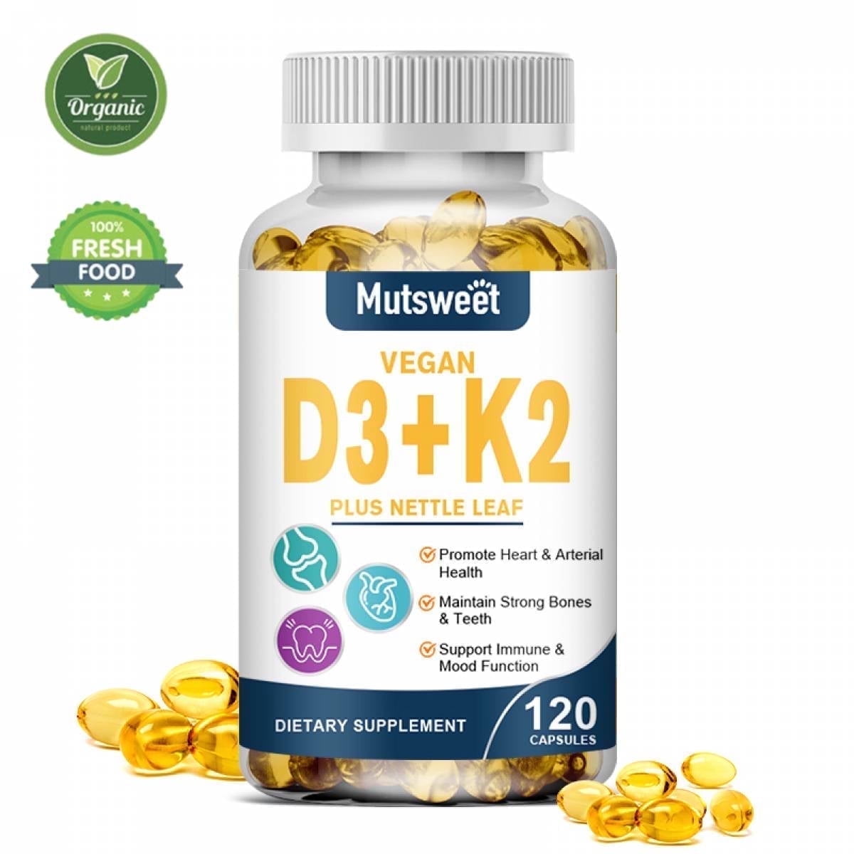 MT Vegan D3 K2 Capsules Vitamin D3 5000 IU with K2 MK-7 100 mcg Supports Immune System, Heart & Strong Bones,120 Softgels