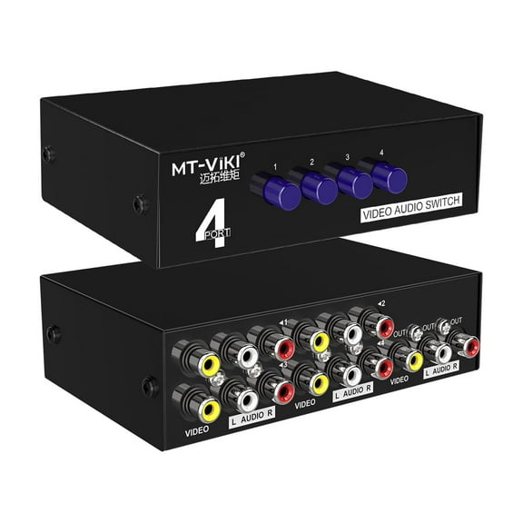 MT-ViKI 4 Way AV RCA Switch, 4 in 1 out Composite Video L/R Audio Switcher Selector Box for DVD Player, SNES, N64, PS2/3 Game Consoles