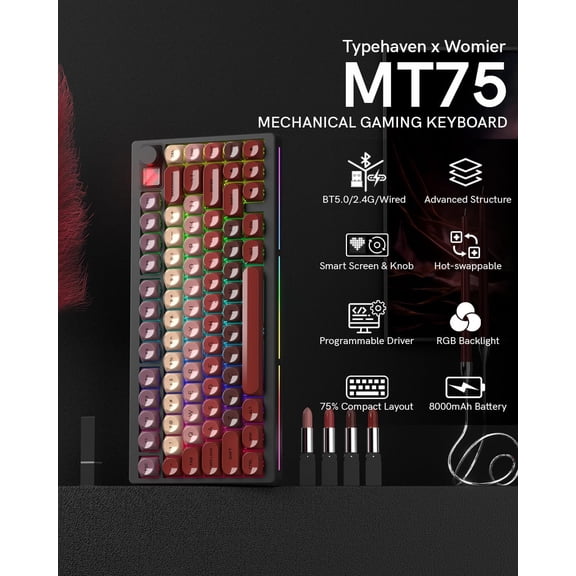 MT75 Lipstick Wireless Mechanical Keyboard, 75% Layout, Hot Swap Gasket Custom Structure, Creamy Pre-lubed Switches Gaming Keyboard with MOA Jelly Keycaps, RGB Backlit, BT5.0/2.4G/USB-C Mode