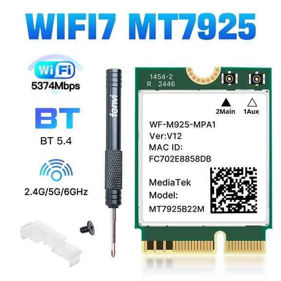 MT7925 BE6500 WiFi 7 M.2 Card | TriBand 2.4G/5G/6GHz 6.5Gbps Wireless Adapter, Bluetooth 5.4, 802.11be, M.2 2230, OFDMA, MUMIMO, for Laptop/PC, Windows 11/10