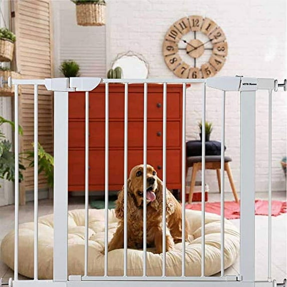 MTB Home Walk Thru Pet Gate, 37" to 40" Extendable Wide, Includes 2.8 and 5.5-Inch Extension Kit, 4 Pack Pressure Mount Kit, 4 Pack Wall Cups and Mounting Kit, White