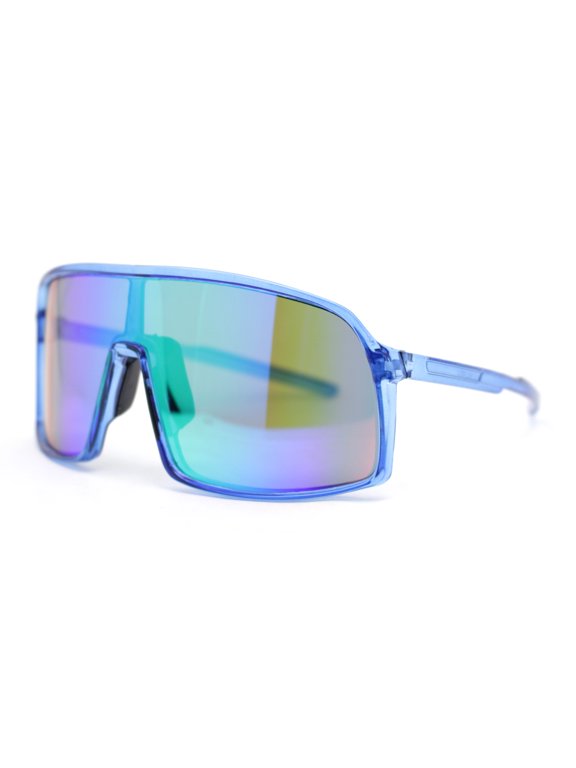 MTB Style Oversized Large Sport Shield Sport Plastic Sunglasses Blue - Green Mirror