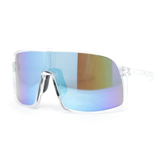 MTB Style Oversized Large Sport Shield Sport Plastic Sunglasses Clear - Blue Mirror