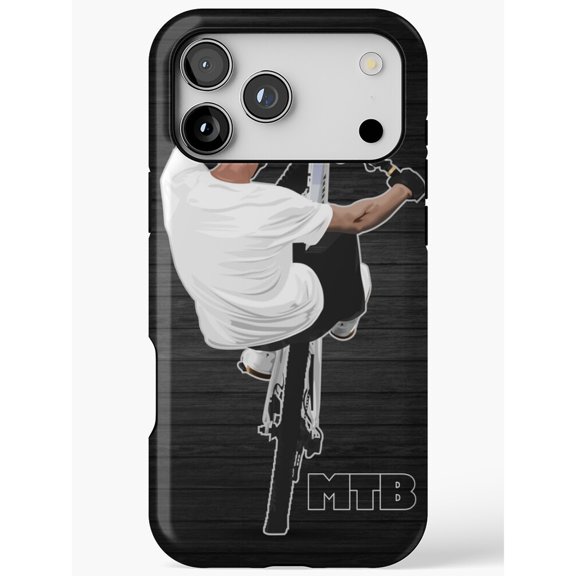 MTB Wheelie Cyclist Black, White and Gray Tough Phone Case for Apple iPhone 13 mini, 13, 13 Pro and 14