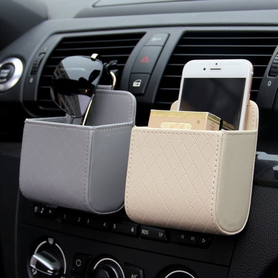 MTBLYS 2 Pack Car Storage Organizer Multifunctional Hanging Bag Black Beige Gray Brown Leather Car Vent Phone Holder Organize Wallet Keys Glasses Vehicle Interior Use