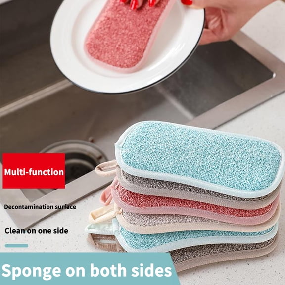 MTBLYS 4 Pcs Reusable Dish Scouring Sponge Kitchen Cleaning Scrubbing Pad | Microfiber Washable Sponge | Non Stick Oil | 2 Sticky Hooks | 4.7 X 3.3 X 0.8 Inches | for Pots Pans Plates Cutting Boards