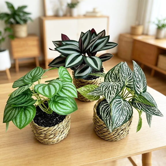 MTBLYS Assorted Foliage Artificial Potted Plants In Woven Basket for Tabletop Home Decor | 4.7X3.1 Inch Faux Plants Set Of 3 | Realistic Plastic Greenery Decor for Bedroom Desk Office