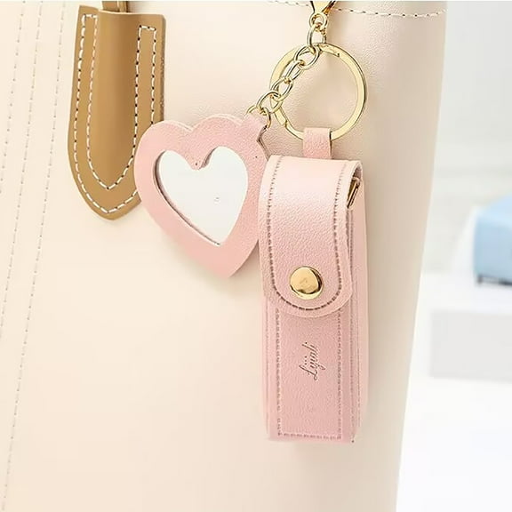 MTBLYS Lipstick Storage Box with Mirror Keychain Organizer Mini Storage Bag Portable Makeup Case Heart-Shaped Mirror 1 Piece for Lipstick and Cosmetics Travel and Daily Use