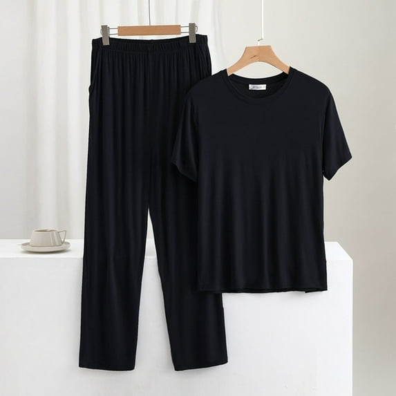 pstuiky Men's Sleepwear Plus Size Solid Color Lightweight Pajama Sets with Pants Leisure Loose Fit Crew Neck Short Sleeve Sleepwear Sleepwear Men