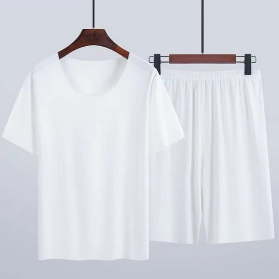 pstuiky Men's Sleepwear Summer Solid Color Comfortable Lounge Sets Lightweight Loose Fit Crew Neck Short Sleeve Pajama Sets with Shorts Mens Pajamas Set