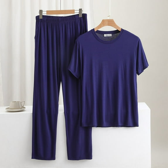 pstuiky Pajamas for Men Plus Size Solid Color Breathable Pajama Sets with Pants Leisure Loose Fit Crew Neck Short Sleeve Sleepwear Sleepwear Men