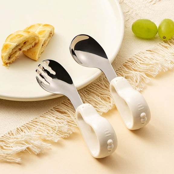 MTBLYS Self-Feeding Training Spork Stainless Steel Short Handle 11X3.8Cm Utensil fork and Spoon Set Infant Learning Independent Eating