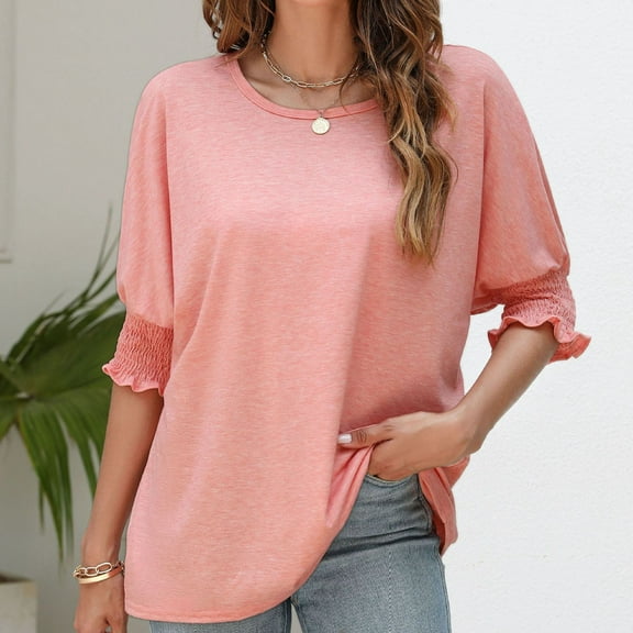 pstuiky Short Sleeve Shirts for Women Comfort Crew Neck Solid Color Tops Casual Loose Fit Button Casual Work Shirts Going Out Tops