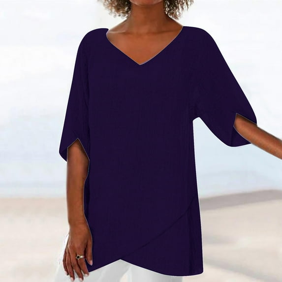 pstuiky Short Sleeve Tops for Women Fashionable V-Neck Solid Color Basic Tee Shirt Lightweight Loose Fit Button Dressy Casual Shirts Lightweight Tops & Blouses