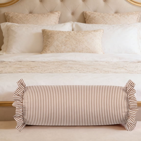 MTBLYS Striped Bolster Pillow Ruffled Edges 8 X 20 Inches Cylindrical Neck Roll Soft Support for Bed Sofa Decor Sleeping Relaxing