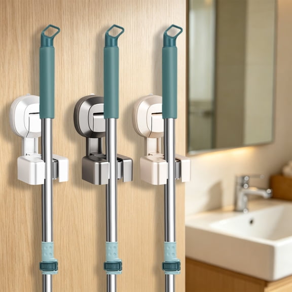 MTBLYS Suction Cup Mop Holder No-Drill Wall Mount Mop Rack Heavy Duty Broom Hook 4.72X2.76X2.56In Suction Base Mop Mount for Bathroom, Kitchen, Utility Room