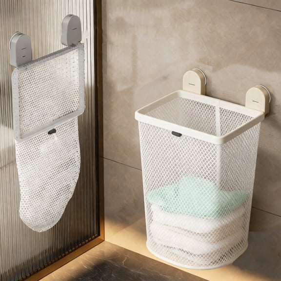 MTBLYS Wall Mounted Dirty Clothes Basket Suction Cup Design Foldable Laundry Hamper Plastic Mesh Storage 20.1 X 10.94 X 8.1 Inch Bathroom Bedroom Use