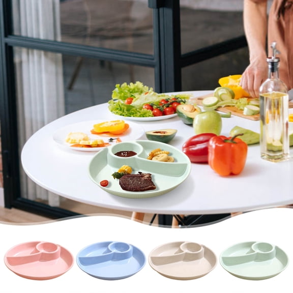 MTBLYS Wheat Straw Compartment Plate 3 Section Divided Dish Large Capacity Snack Tray 10.5 Inch Round Serving Platter for Meals and Entertaining