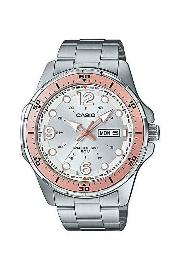 MTD100D-7A1V Men's Enticer Sports Stainless Steel Day Date Silver Dial Watch