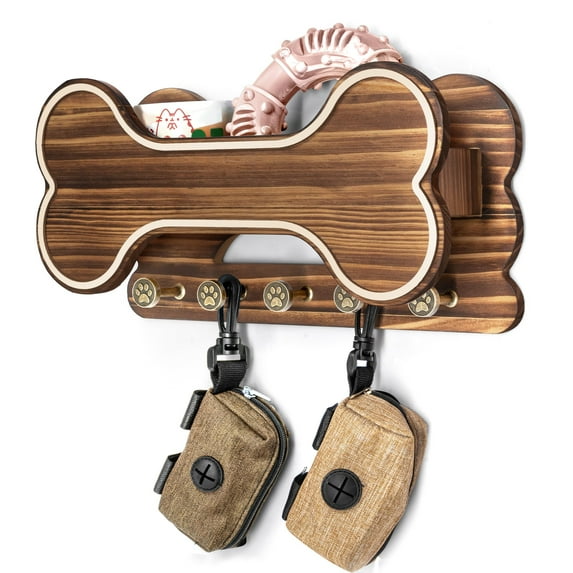 MTERSN Farmhouse Dog Leash Holder for Wall - Dog Stuff Organizer and Doggie Bone Key Holder Wall Mount with 5 Decorative 3D Puppy Paw Hooks & Storage Shelf - Ideal Home Decor (Brown) C104