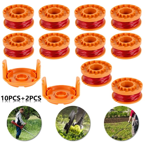 MTFun 12 Pack Nylon Trimmer String Replacement Spool 10ft 0.065 Inch Autofeed Spools with 2 Covers Kit Compatible with Worx WG150 WG151 WG151.5 WG152 WG153 WG154 WG155 WG155.5 WG156 WG160