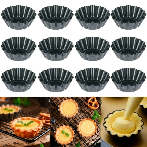 MTFun 12 Pieces Egg Tart Mold,Reusable Carbon Steel Baking Cups,Mini Cupcake Baking Molds Round Muffin Mould for Pies, Cheese Cakes, Desserts, Quiche Pan