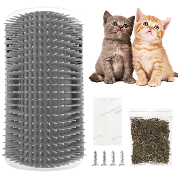MTFun Cat Corner Brush ABS Mounted Cat Self Groomer Brush with Soft Comb Teeth Gray Catnip Corner Grooming Shedding and Itching Comb Tool for Cat Home Wall Corner