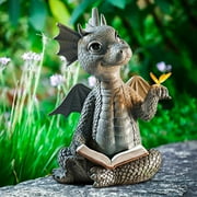 MTFun Dragon Reading Book Statue Dinosaur Holding Butterfly Figurines Art Resin Sculpture Outdoor Garden Decor Home Desk Ornament for Lawn Garden Patio Yard Home Decor