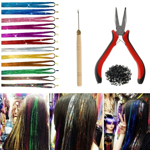MTFun Hair Tinsel 37in 12 Colors Tinsel Hair Extensions Shiny Hair Tinsel Kit with Plier Pulling Needle 200Pcs Silicone Buckles Glitter Hair Extensions