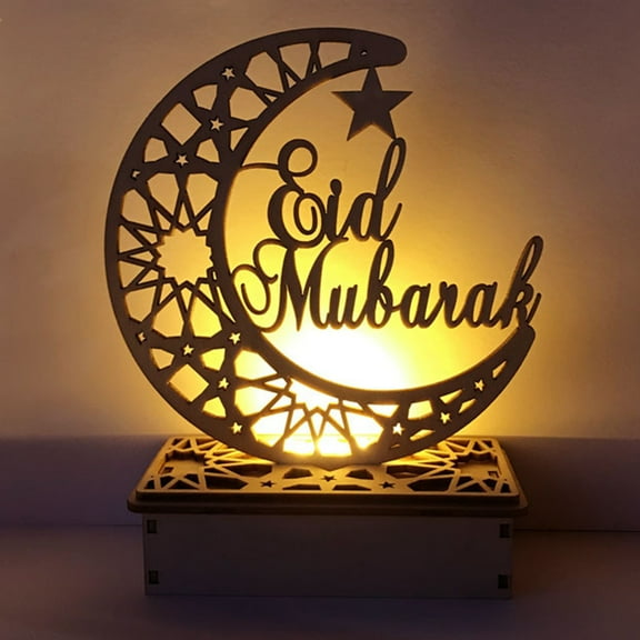 MTFun Ramadan Eid Ornaments Hollow Wooden Moon LED Night Light Table Lamp Festival Moon Muslim Lamp