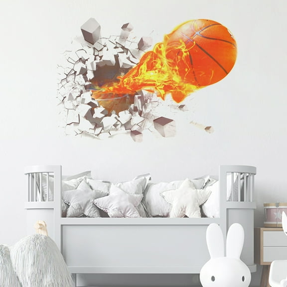 MTFun Sports Themed Wall Decals Decorative 3d Broken Wall Basketball Wall Stickers Mural Sticker Wall Art Decor For Kids Boys Girls Room Child Teen Bedroom Living Room Class Room College Dorm