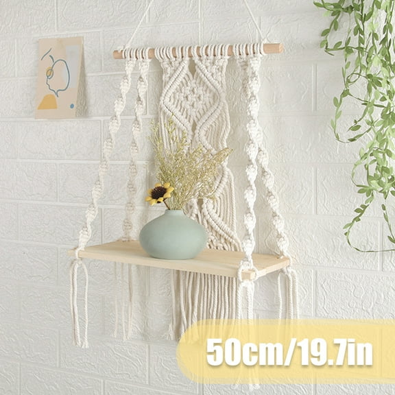 MTFun Wooden Floating Shelf Macrame Wall Hanging Shelf Board Bohemian Woven Rope Swing Shelf Display Home Book Plant Storage Holder Organizer for Living Room Bedroom Office 30*50cm
