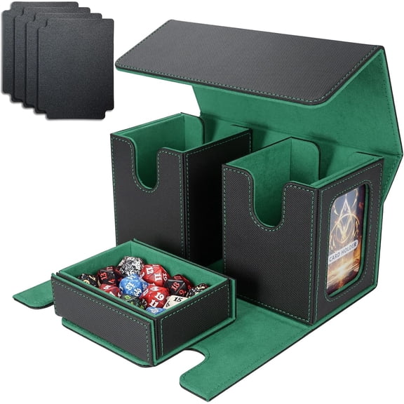 MTG Commander Card Storage Box - Fits 200 Double Sleeved Cards,3-in-1Card Deck Case,Strong Magnet Card Organizer For Magic Commander TCG CCG,4Dividers &2 Toploaders, Black/Green