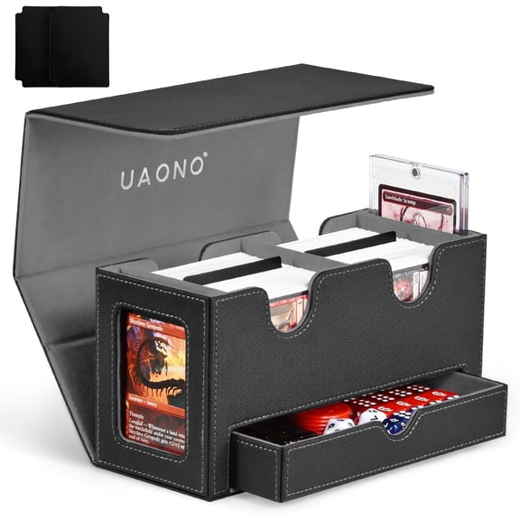 MTG Commander Deck Box, 3-in-1 Magnetic Card Box with 2 Top Loaders Display & 1 Dice Tray, Fits 200 Double Sleeved, Card Organizer Compatible with Magic the Gathering(Black Gray)