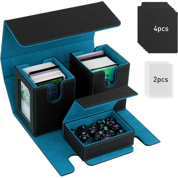 MTG Deck Box, Commander Deck Case Fits 200+ Double-Sleeved Cards, Magnetic Leather Card Storage Box with 2 Commander Display & 4Dividers & Dice Tray Fit YuGiOh TCG CCG Magic Cards, Black Cyan